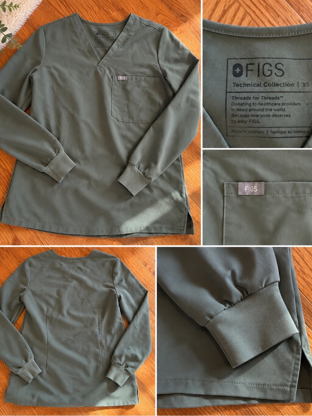 Figs women’s V-Neck Long Sleeve Top in Olive Green XS